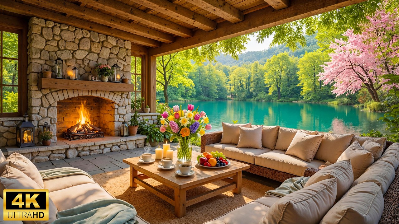 Peaceful Spring Lakeside Ambience 🌷 Relaxing Piano Music with Cozy Fireplace for Calm & Focus