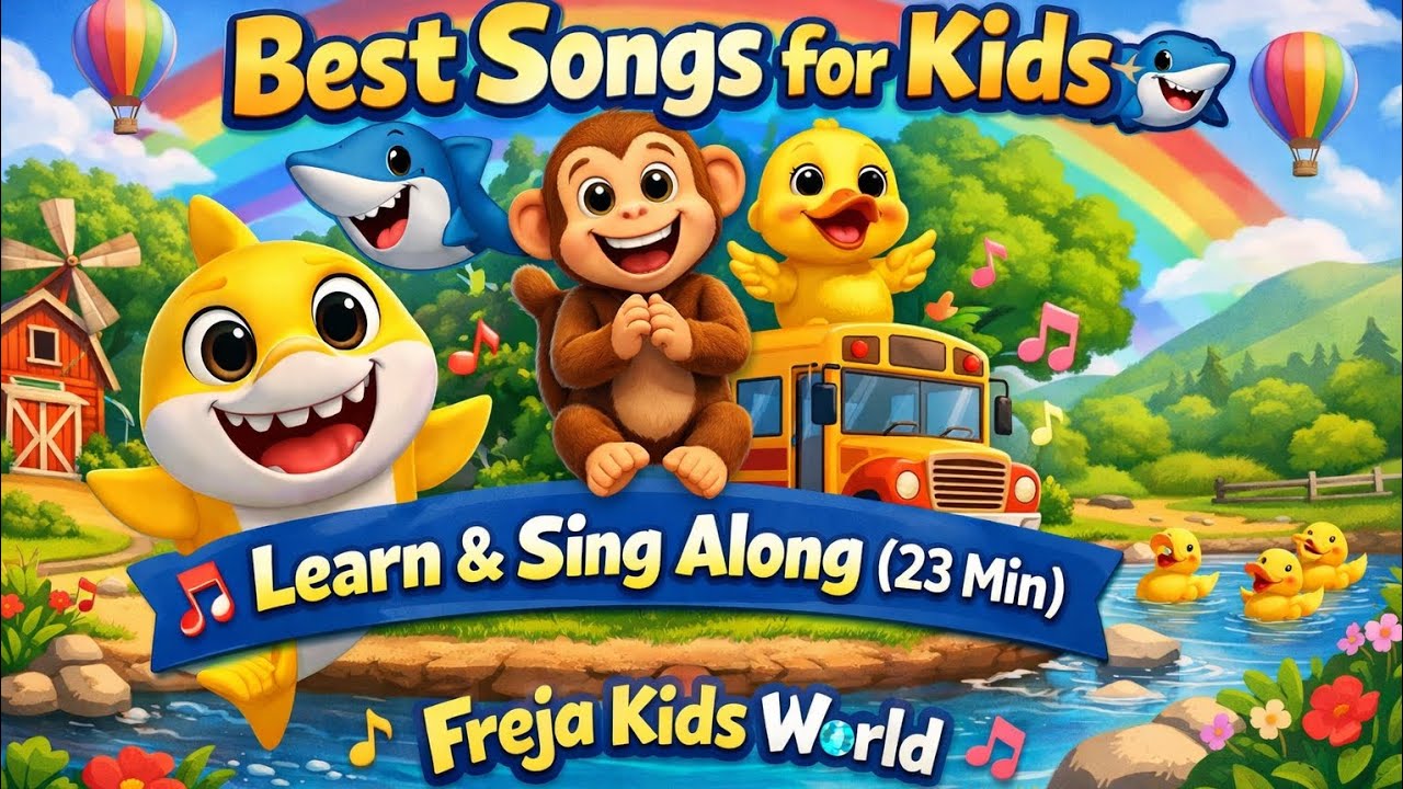 Best Songs for Kids 🦈🐵🦆 | Learn & Sing Along (23 Min)/ Freja Kids World.