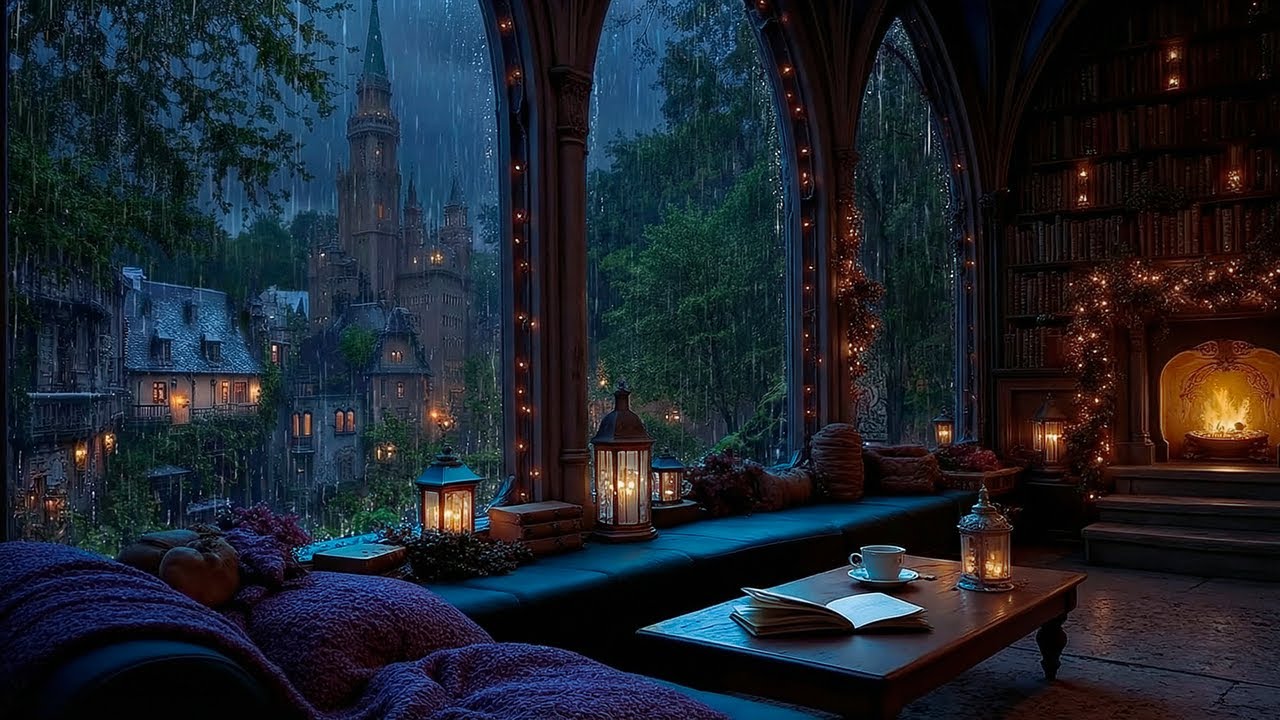 Cozy Rainy Night Gothic Room | Dark Academia Ambience for Reading, Writing | Relaxing Piano & Cello
