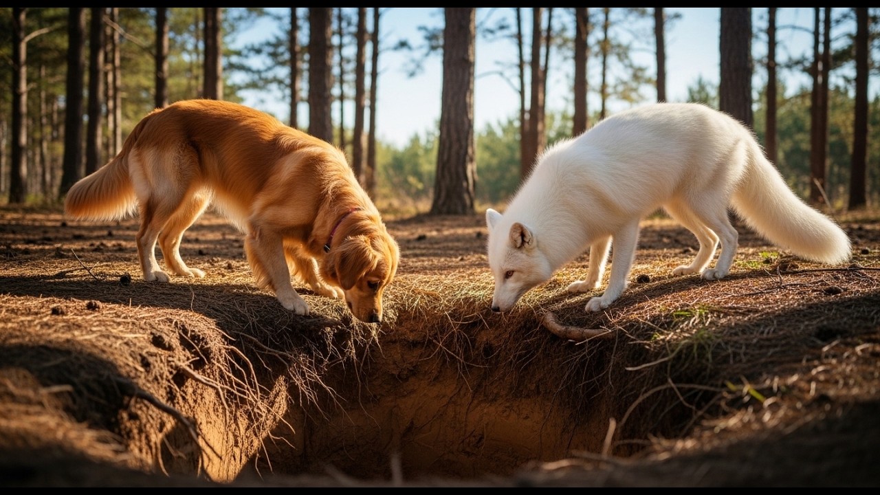 Un perro noble ayudó a un zorro blanco en un bosque tranquilo — Momento de paz