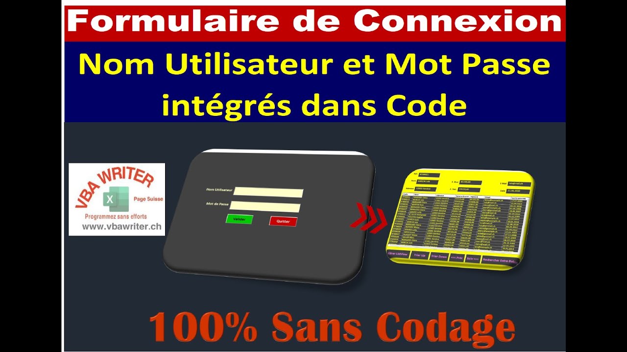 VBA_Formulaire de connexion: Nom Utilisateur et Mot Passe dans code/ Sans Codage127 VbaWriter.ch/vip