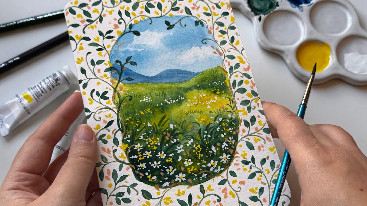 A simple MIXED MEDIA LANDSCAPE painting, Watercolor & Gouache 