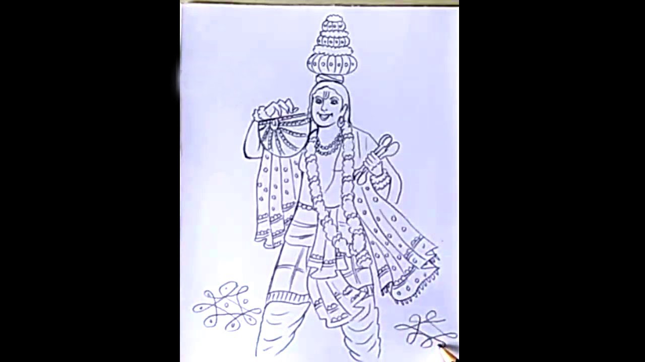 sankranthi drawing / pongal drawing / haridas muggulu / how to draw haridasu pencil outline easy