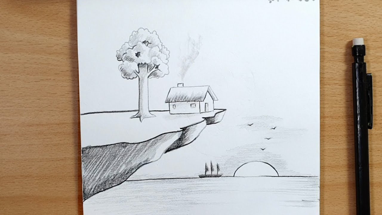 How to Draw an Easy Cliffside House Scene by the Ocean | Step by Step Pencil Landscape for Beginners