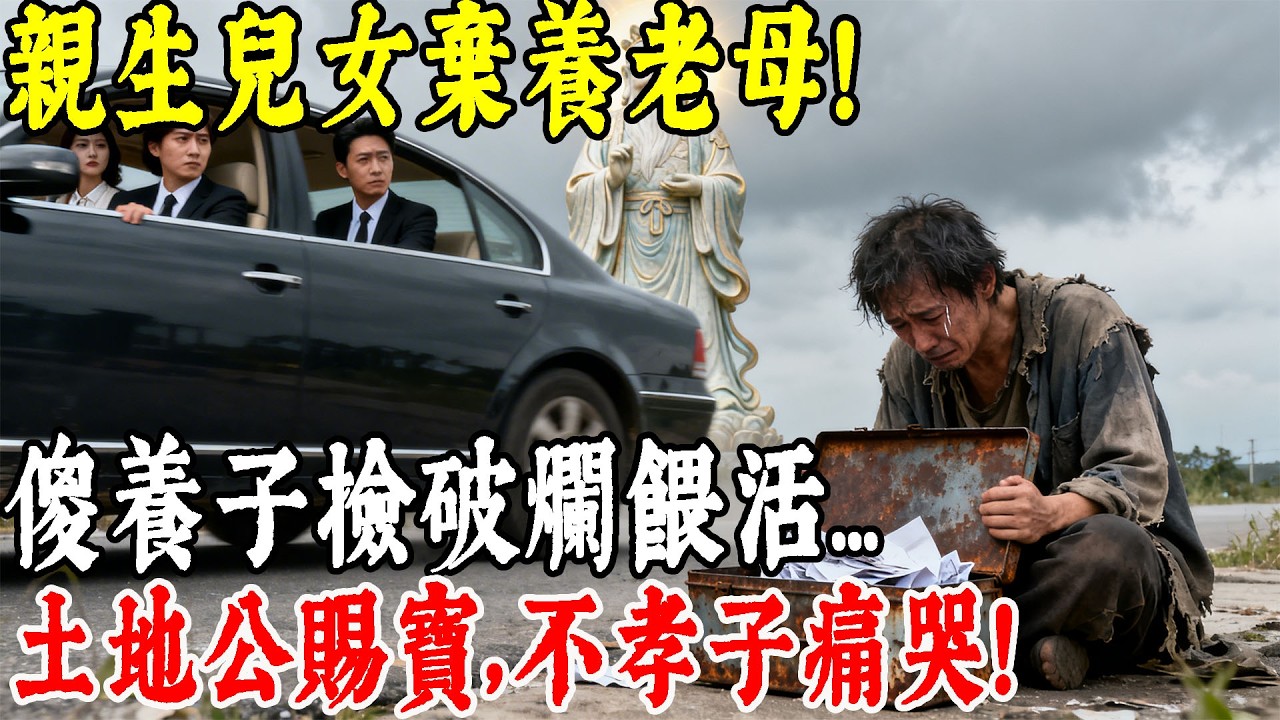 民國85年，老母亲重病被三个亲生儿女扔在庙口等死，仅靠捡破烂的痴傻养子一口饭喂活！三年后土地公托梦，老家地底挖出的东西，让三个不孝子悔断肠...#情感#民間故事#真實故事#中老年生活 #台灣