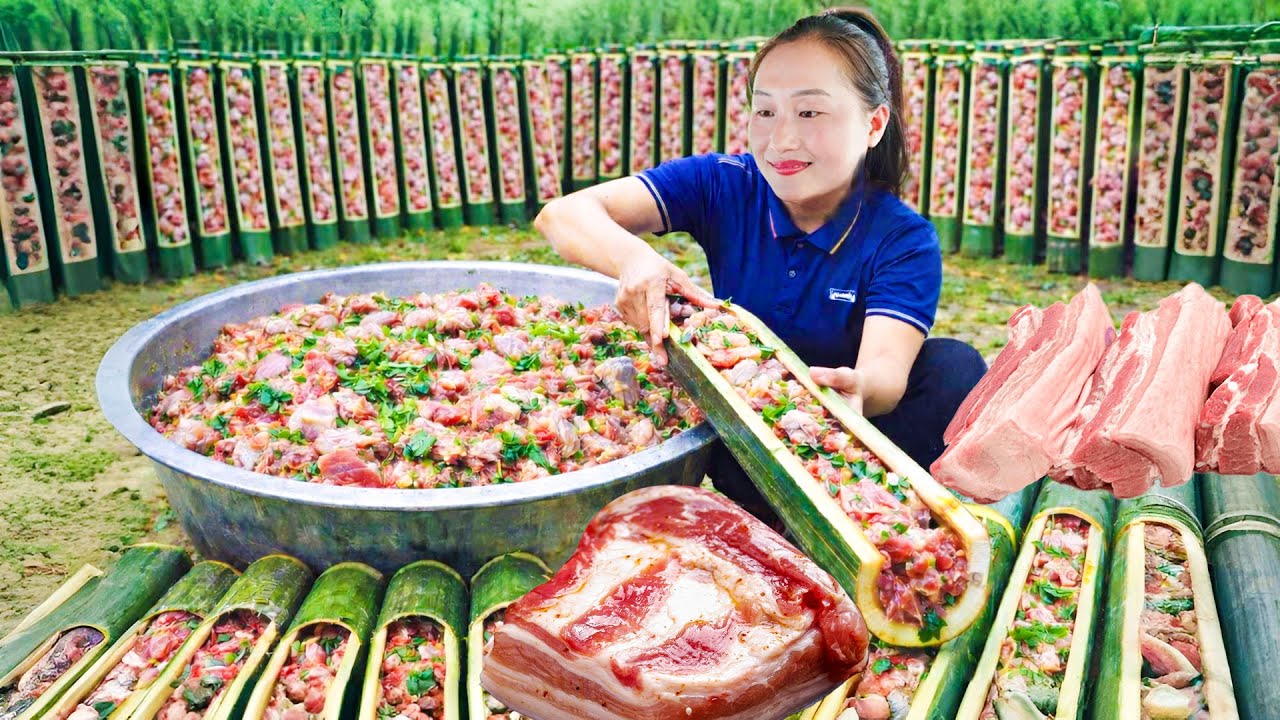 Preserving pork in bamboo tubes, harvest bamboo shoots, catching giant fish to sell at the market