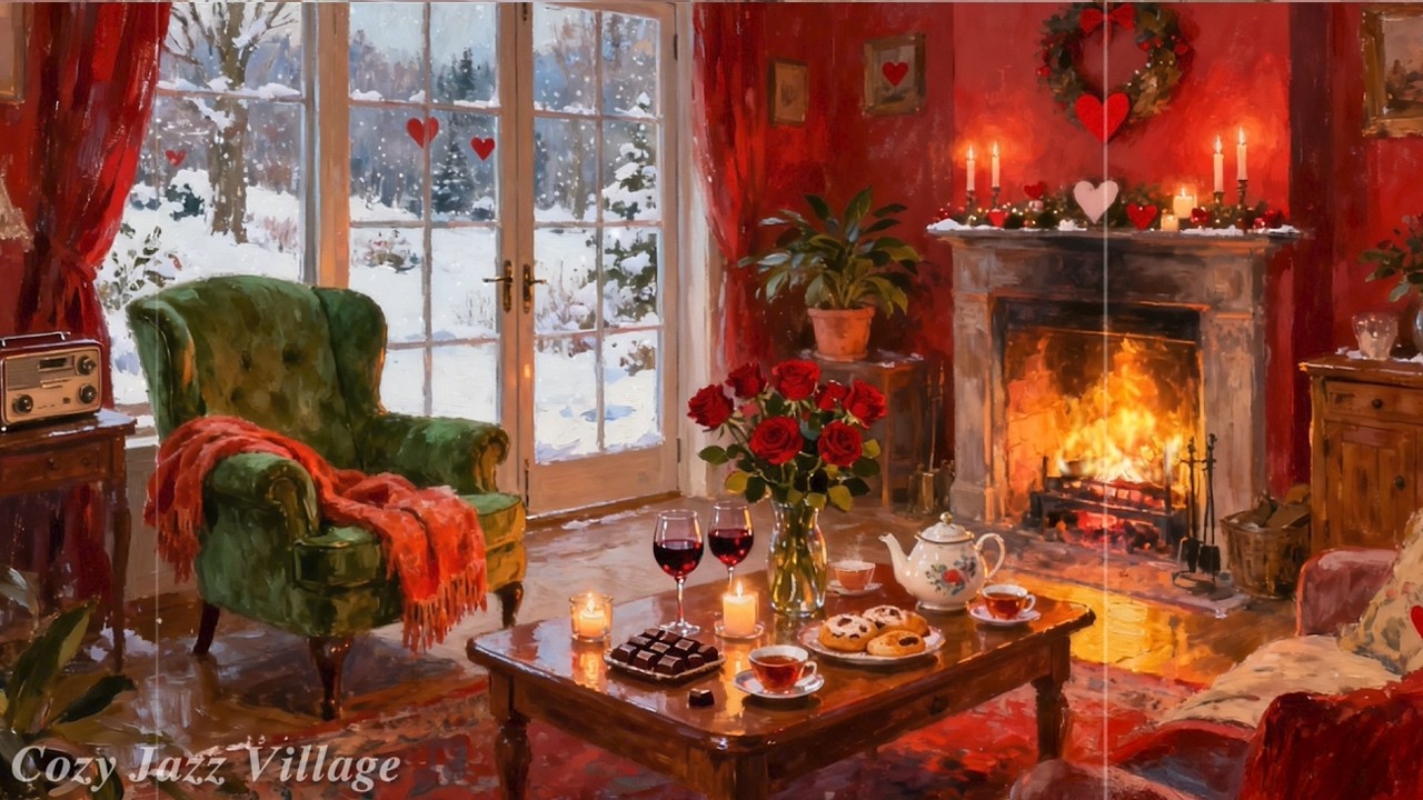 Relaxing Winter Jazz ☕ Warm Fireplace, Tea & Snowy Window Ambience