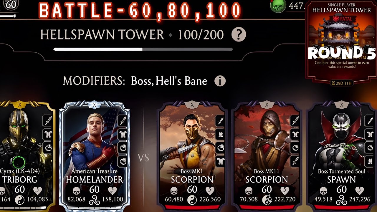 Fatal Hellspawn Tower Boss Battle 100 & 60, 80 Fight + MK1 Diamond Character Reward MK Mobile 2025