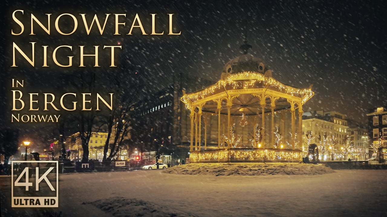 Snowfall Night in Bergen | Atmospheric 4k Walking Tour | Binaural Audio City Ambience