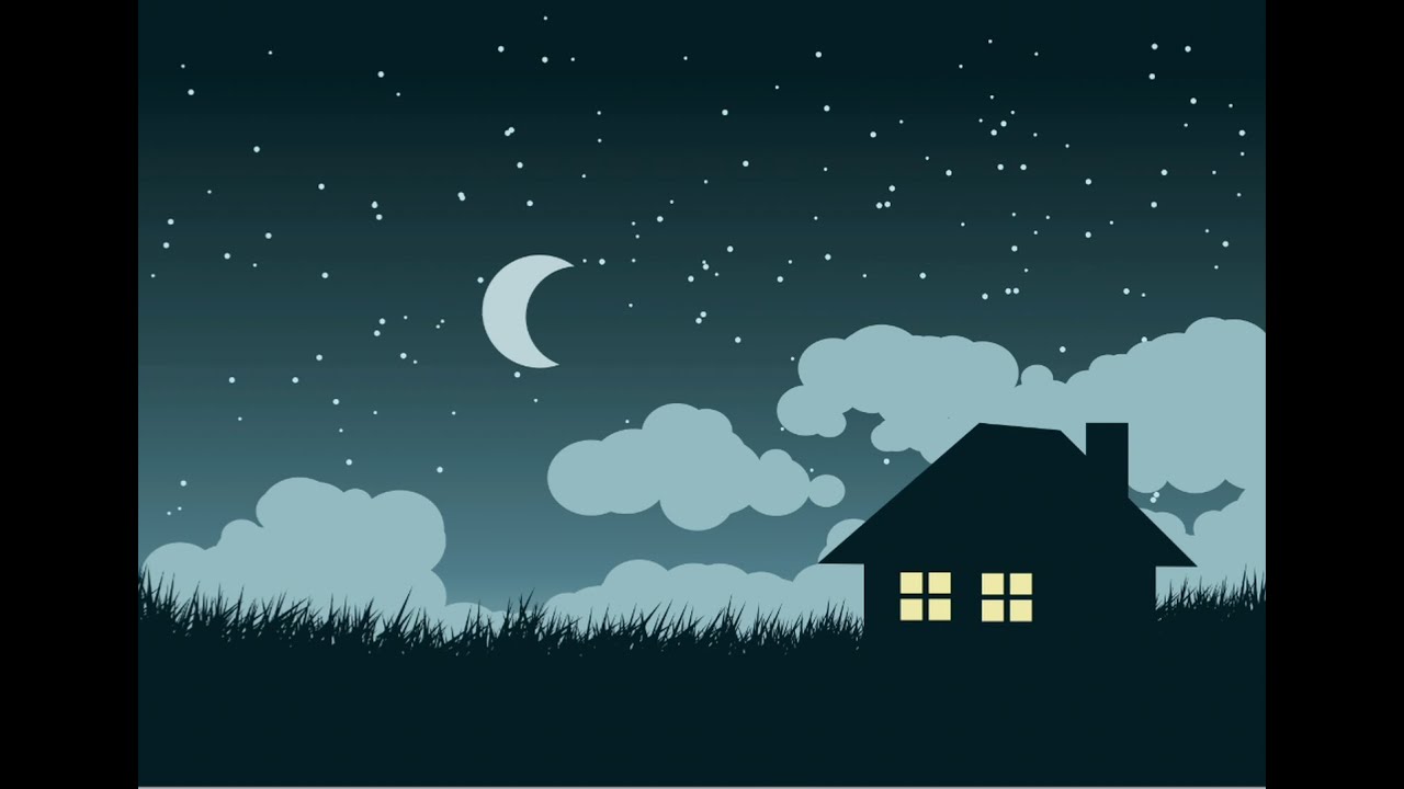 Peaceful Night Vector Illustration. Vector Tutorial | Stars, Crescent Moon & Cabin