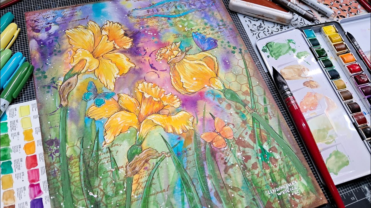 Mixed Media Daffodils on Watercolor Canvas (lots of fun techniques to try!)