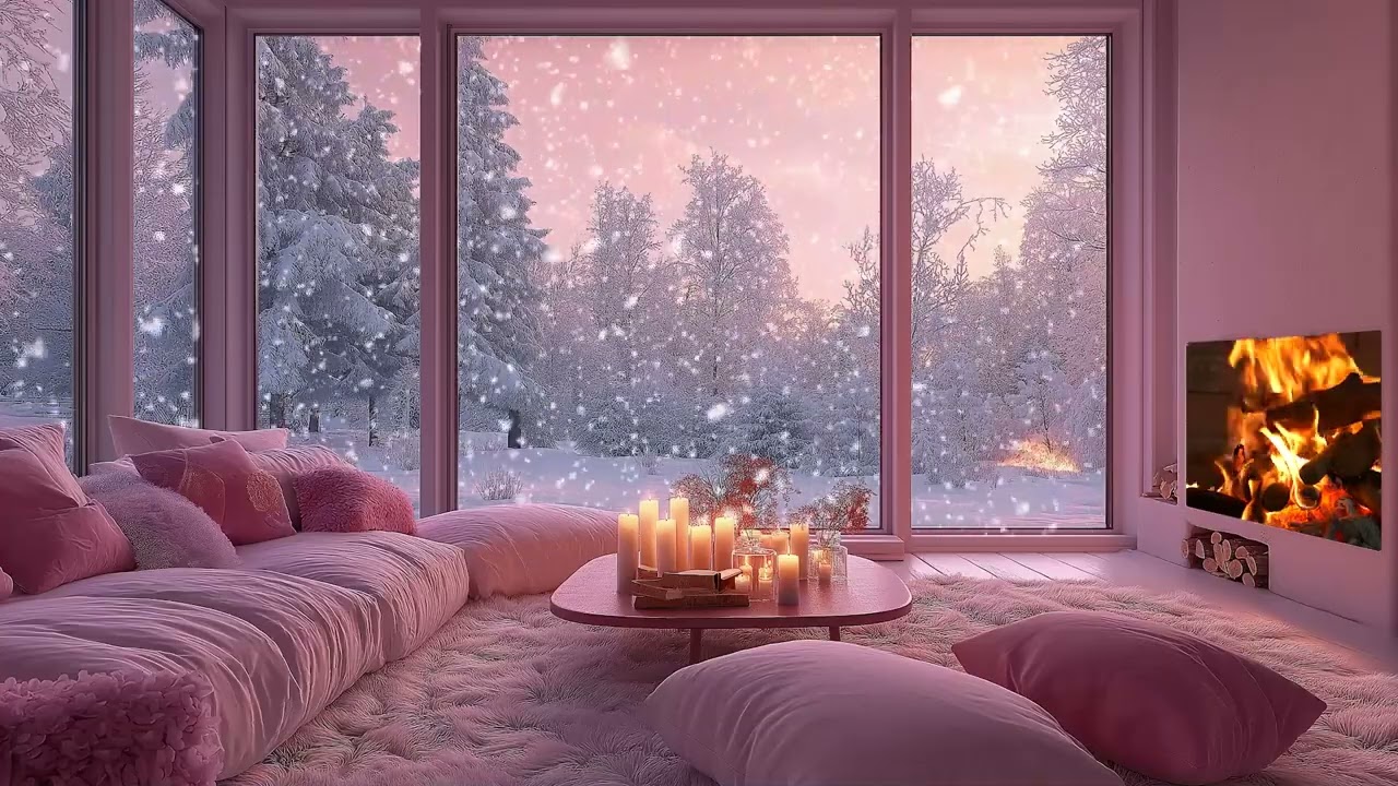 Snowfall Outside a Cozy Winter Living Room, Warm Fireplace Glow & Romantic Candlelight Calm Night