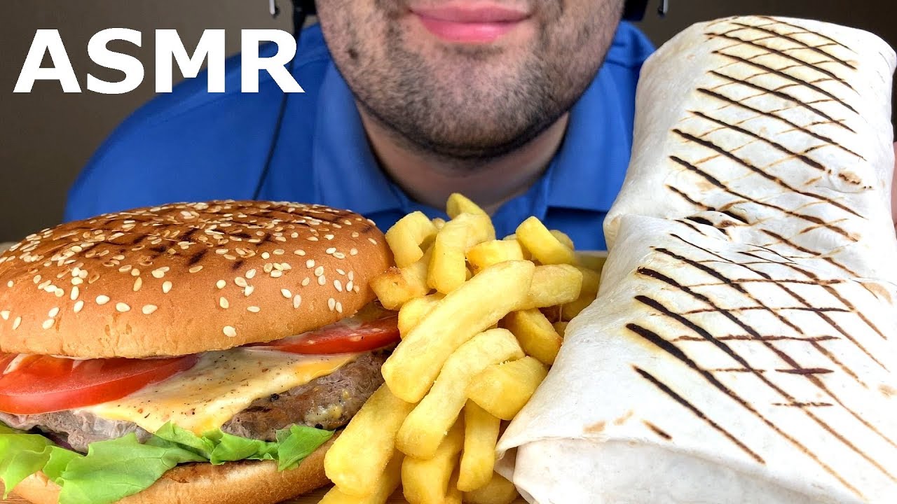 АСМР ШАУРМА, ЧИЗБУРГЕР И КАРТОШКА ФРИ МУКБАНГ (ЗВУКИ ЕДЫ)