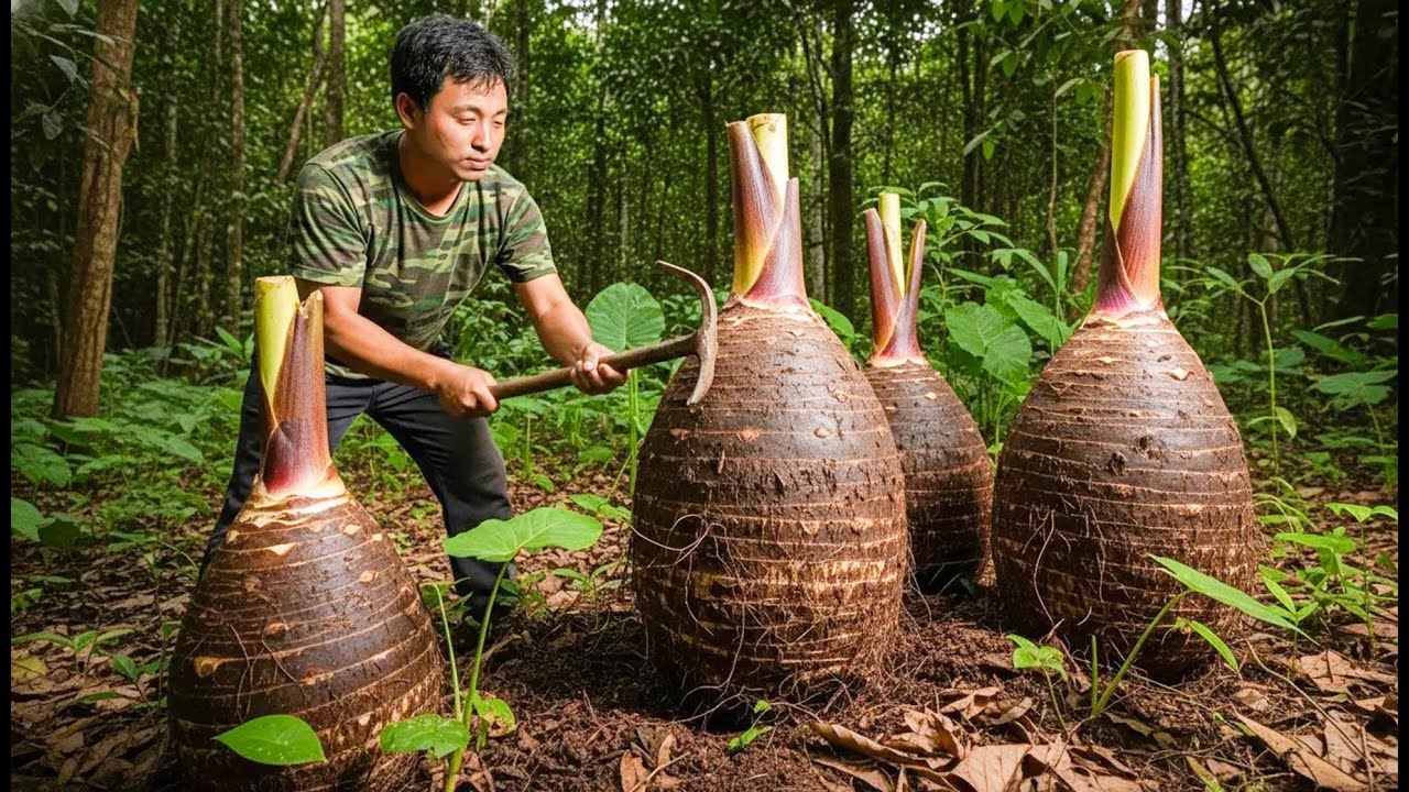 Digging Wild YAMS To Sell, Making Roofs For Vegetable Gardens | DAO In Forest, Forest Life, Bushcrat