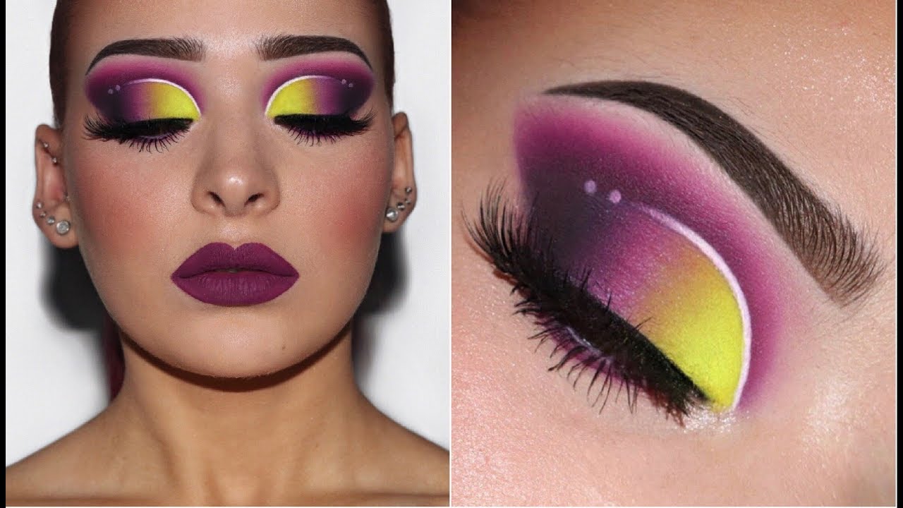NEON YELLOW HALF CUT CREASE w/ Purple shadow & lips | Makeup Tutorial
