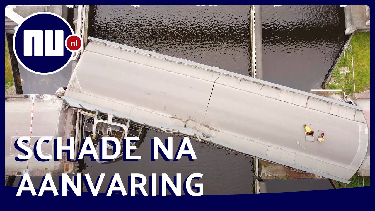 Drone filmt schade aan door schip geramde brug in Groningen | NU.nl