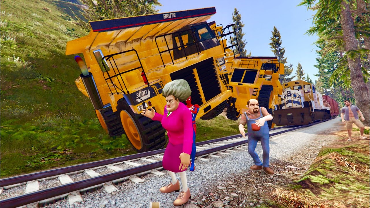 المعلمه الشريره وسبدرمان وزوجها يحاولون ايقاف القطار بشاحنات ضخمه!! ⁦😱🔥