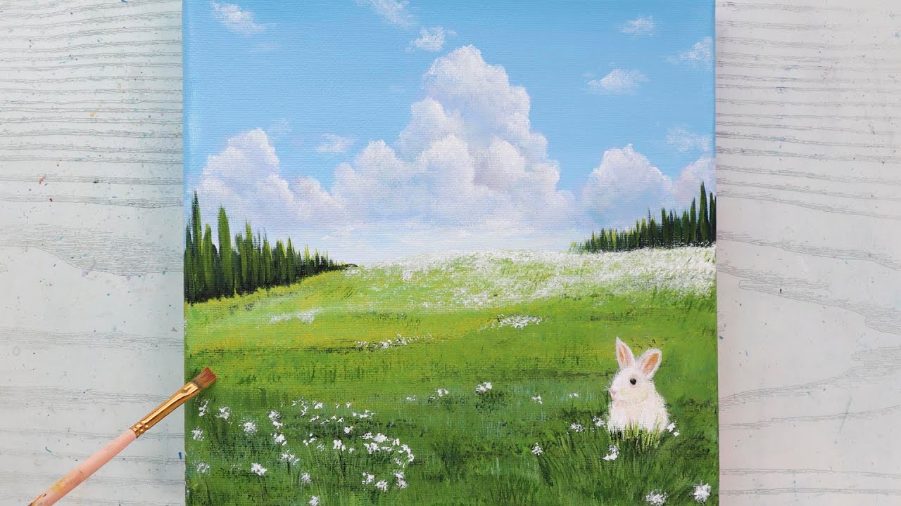 How to paint cute Bunny in the Green Meadow / acrylic painting idea for beginners