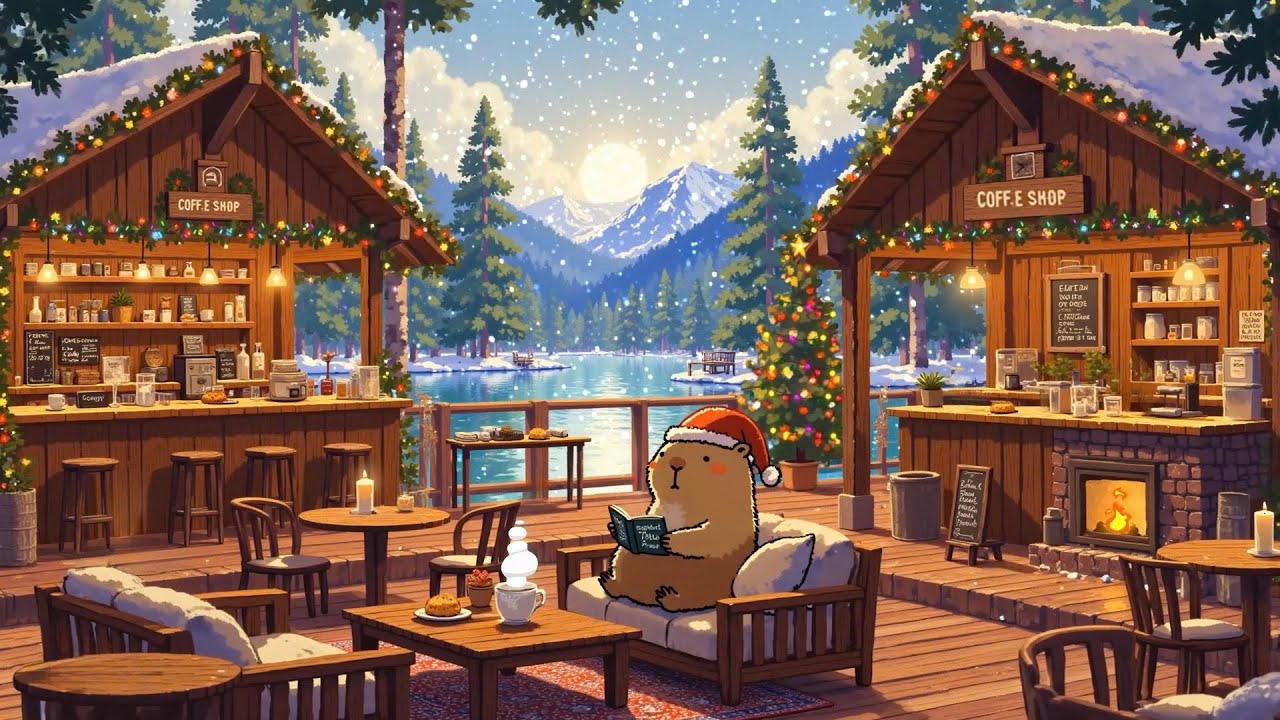 Peaceful Christmas Coffee Shop Porch by the Fire 🎄 Winter Lofi Chill❄️lofi beats to study/work/relax