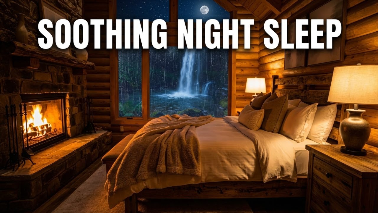 Relaxing Cabin Bedroom at Night Soothing Water & Fire Sounds for Anxiety Relief