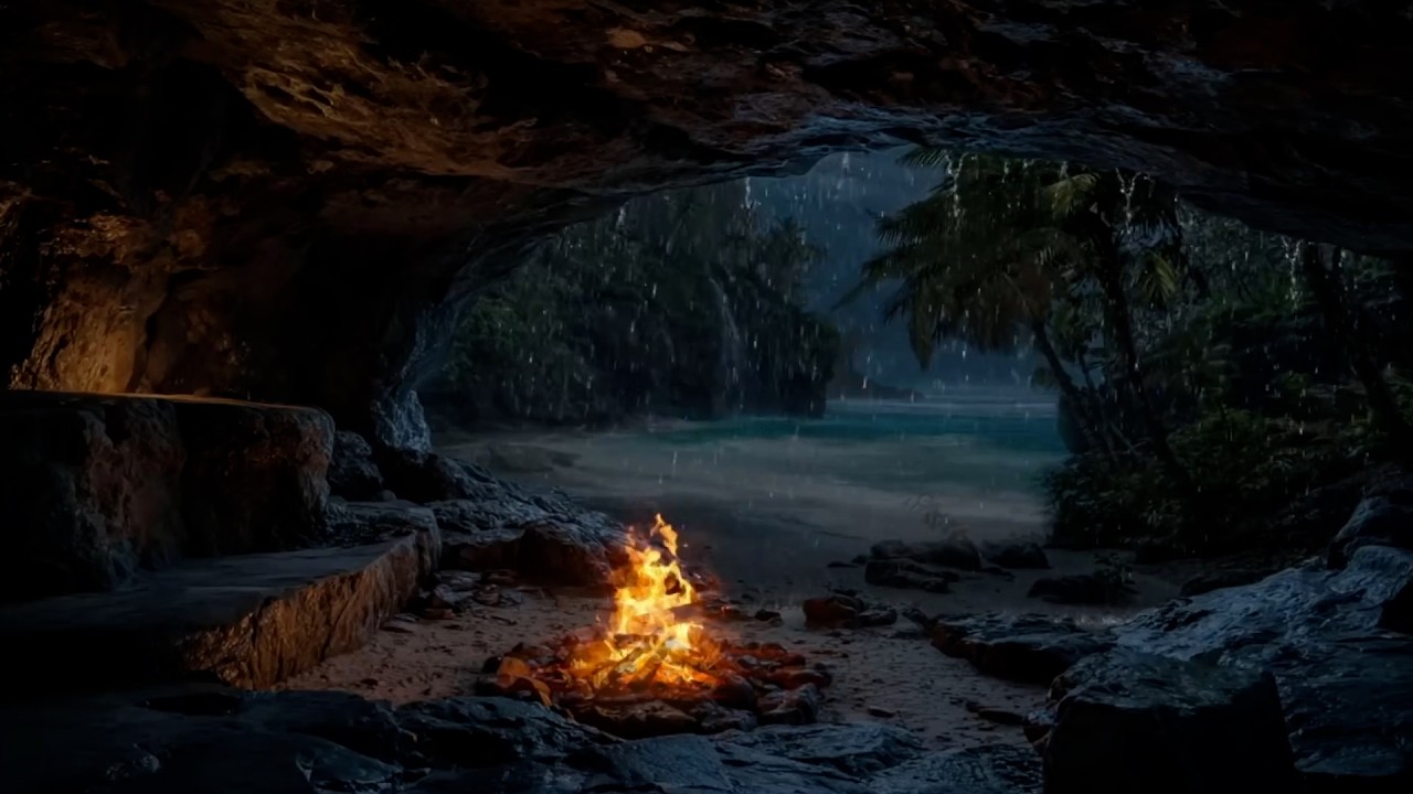 Soothing Rainstorm 🌧️ Cozy Cave by Beach Cave 🔥 Ocean Waves for Deep Sleep & Relax Ambience 😌