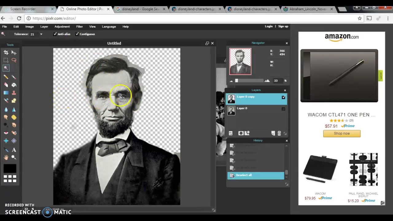Pixlr: Combining Lincoln with Background Image (Web Editor)