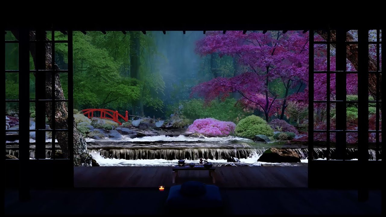 Relaxing River Sounds Through Zen Garden w View From Japanese Tea House | For Sleep, Study, Relaxing