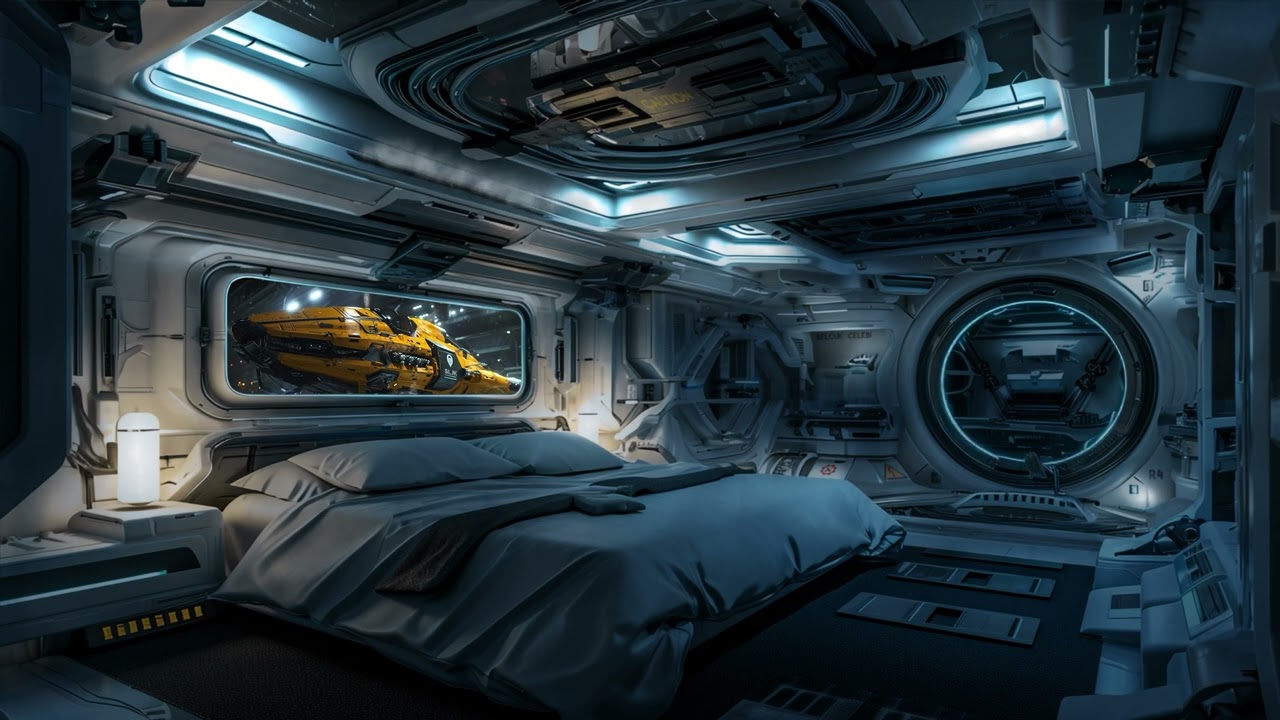 Space Station Bedroom with Spaceship Hangar View. Sci-Fi Ambiance for Sleep, Study, Relaxation