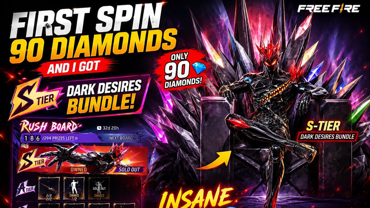 First 90 Diamonds Spin 😱 I Got S-Tier Dark Desires Bundle! 😍🔥 | Free Fire Rush Board Luck