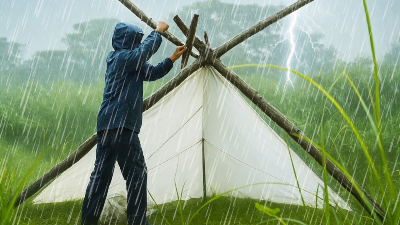 SOLO CAMPING IN THE RAIN // CAMPING IN HEAVY RAIN WITH TARPTEN AND THUNDER // SOUND OF RAIN