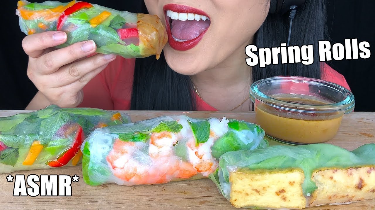 ASMR SPRING ROLLS BIG BITES (Eating Sounds) | Peanut Sauce Recipe | ASMR Phan