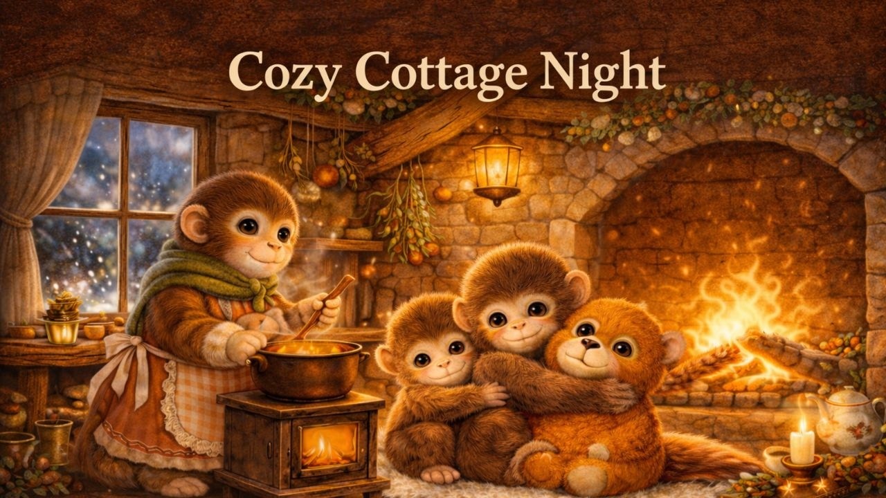Little Monkey’s Cozy Cottage Night 🔥🏡 | Fireplace Ambience & Relaxing Celtic Piano 1 Hour