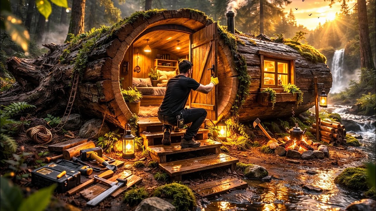 This Man Built a Real House Inside a Tree Trunk… Start to Finish @wildsheltercrafts