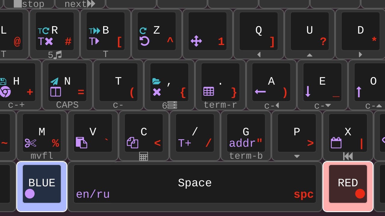 🔷 BLUE | RED 🟥 Keyboard Layout — Halmak with layers ⌨️
