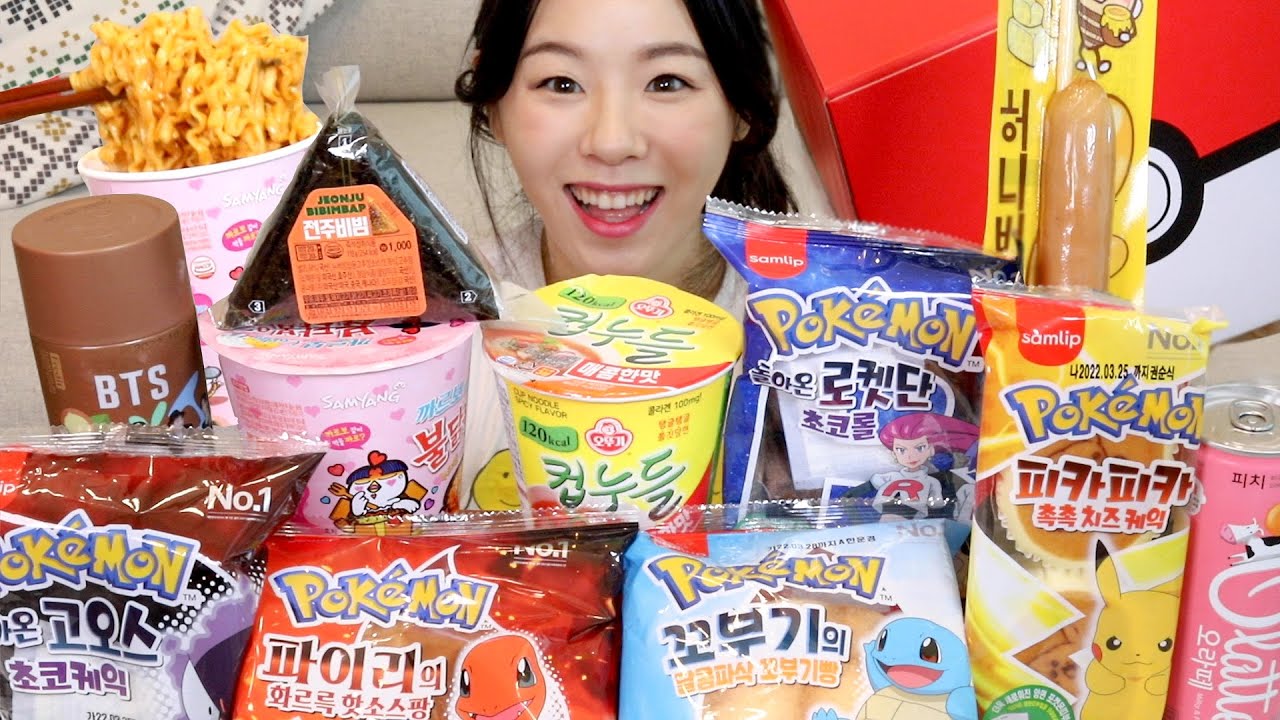 SUB) ASMR Корейский круглосуточный магазин Еда и хлеб с покемонами Десерты Мукбанг 💛 лапша Карбонара