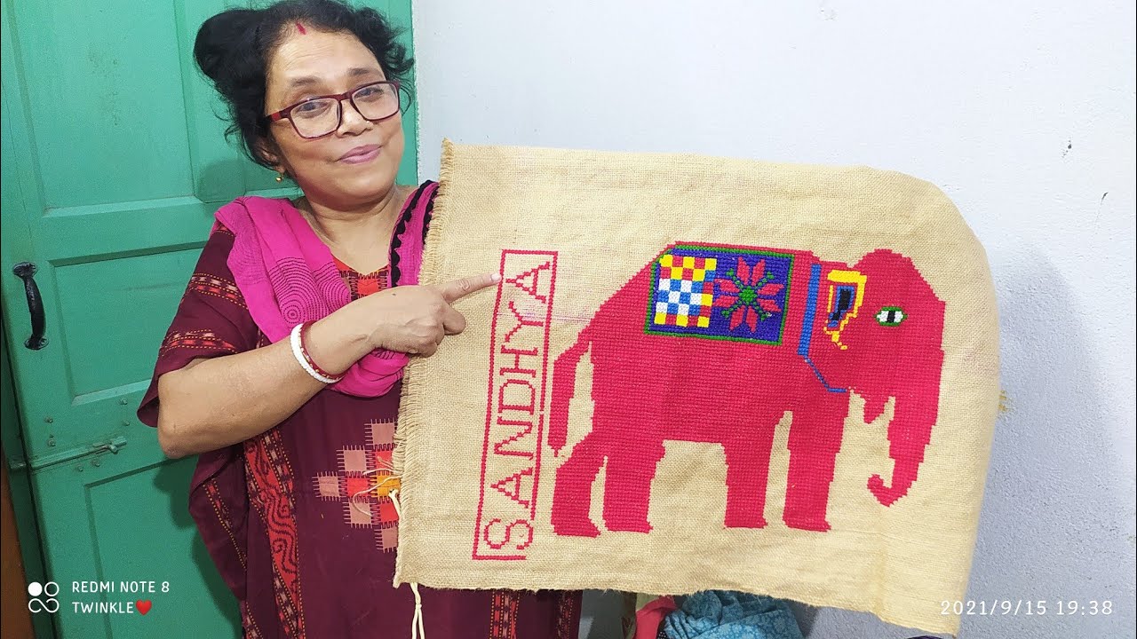 Choter opor Elephant cross stitch design Part-2 || চটের  উপর হাতির ডিজাইন ।| Sandhya Sikdar