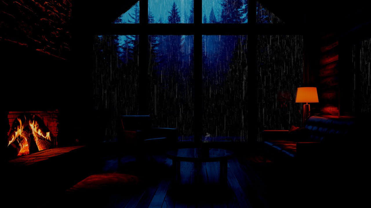 Rainy Cabin Night with Fireplace | Peaceful Rain & Fire Sounds for Deep Sleep