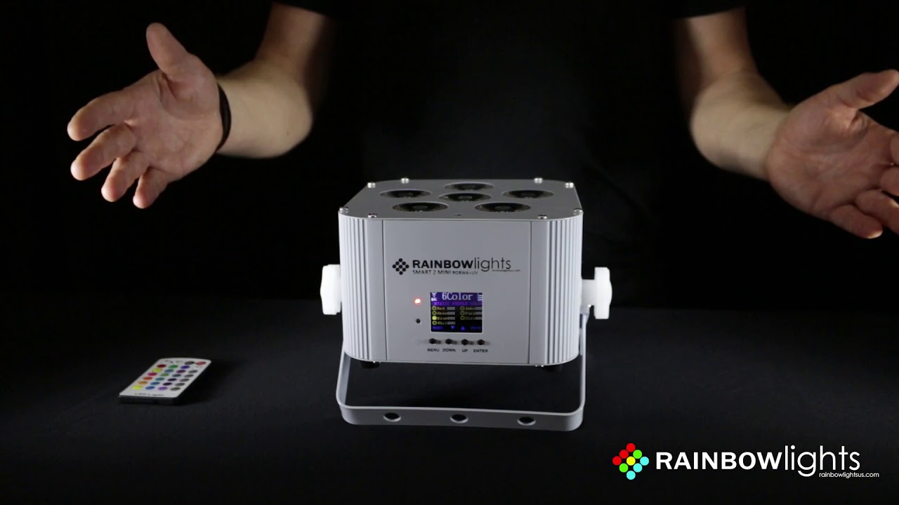 Overview of Smart 2 MINI RGBWA+UV battery powered wireless dmx uplight by Rainbow Lights USA.