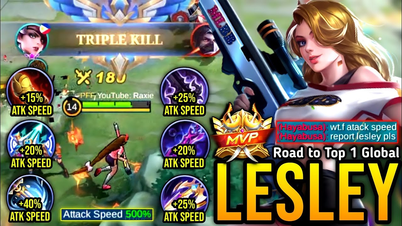 (TRY THIS) LESLEY FULL ATTACK SPEED BUILDS & EMBLEMS! = SUPER FAST TRIPLE KILL!! (500% ATK SPEED!?)