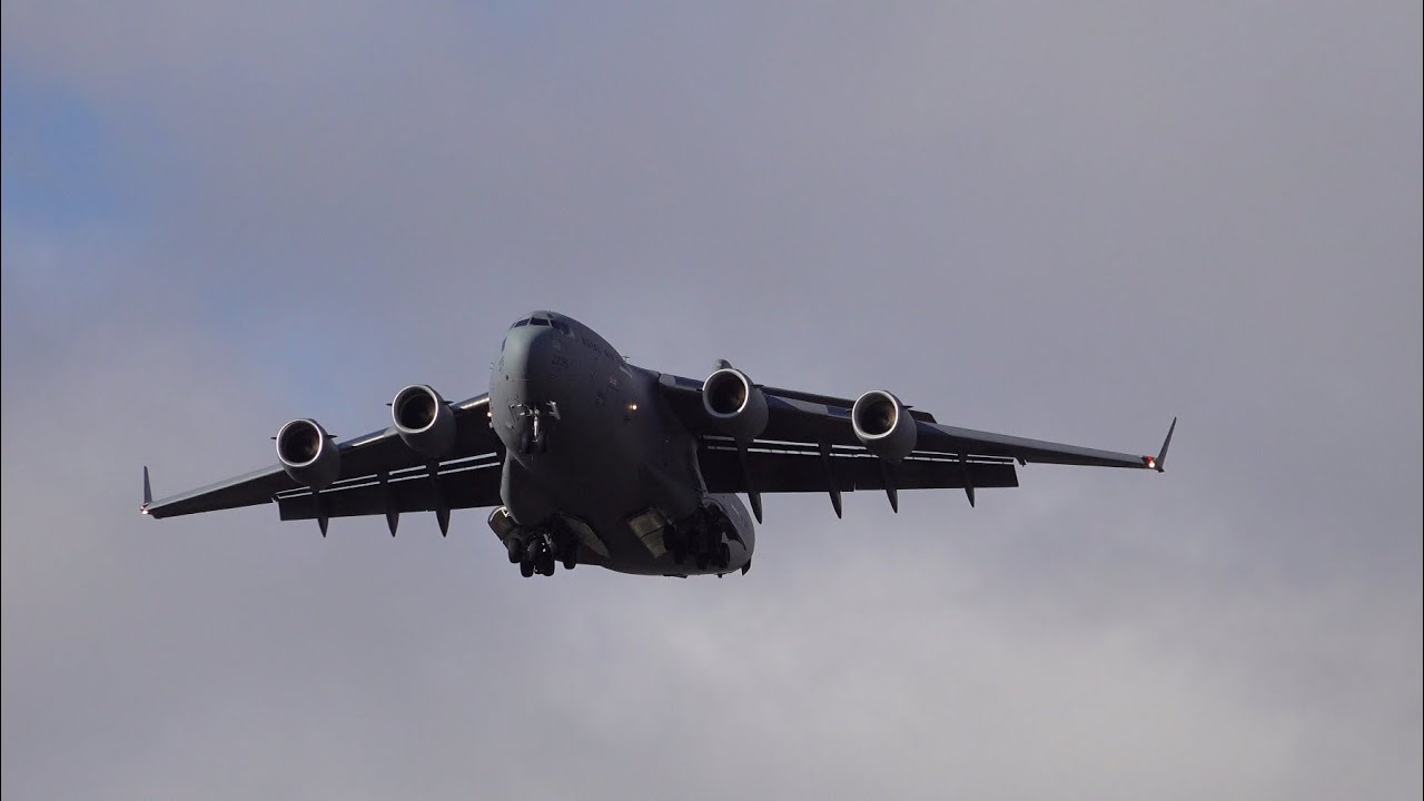 C-17 Royal Air Force landing at Northolt ft. Finnish PC-12