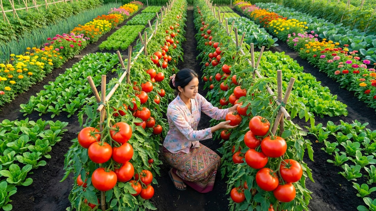 Slow Life in the Countryside: A Young Girl Harvests Giant Tomatoes, Gardens, and Sells Them