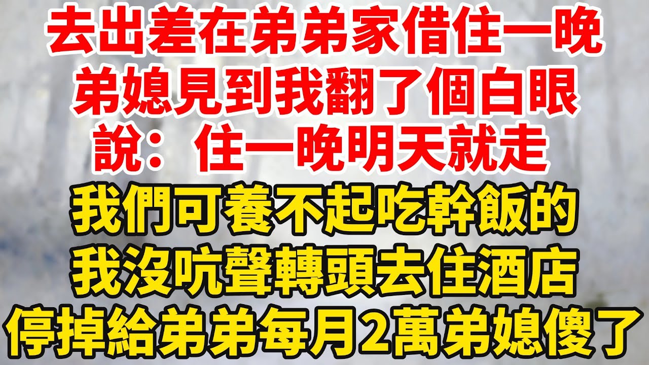 去外地出差在弟弟家借住一晚，弟媳見到我翻了個白眼，說：住一晚明天就走，我們可養不起吃幹飯的，我沒吭聲轉頭去住酒店，停掉給弟弟每月2萬資助弟媳傻了！#婆媳关系 #家庭伦理 #完結 #情感故事 #爽文