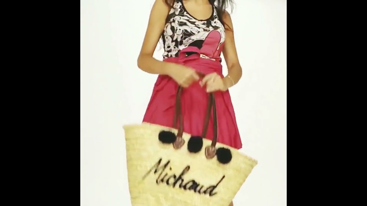 Customized Straw Beach Bag with Pompoms and genuine leather handles