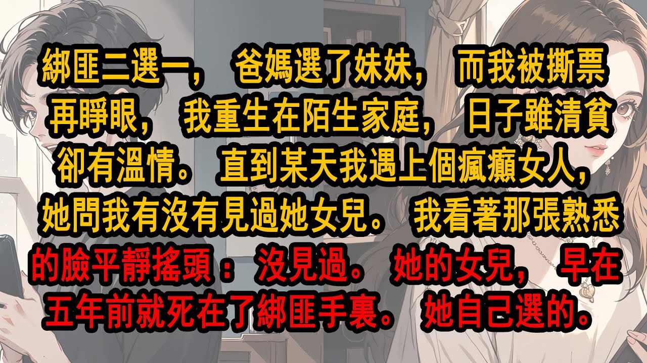 綁匪二選一爸媽選了妹妹，再睜眼，我重生在陌生家庭，日子雖清貧卻有溫情。直到某天我遇上女人，她問我有沒有見過她女兒。我看著那張熟悉的臉平靜：沒見過。她的女兒，早在五年前就死在綁匪手裏。 她自己選的