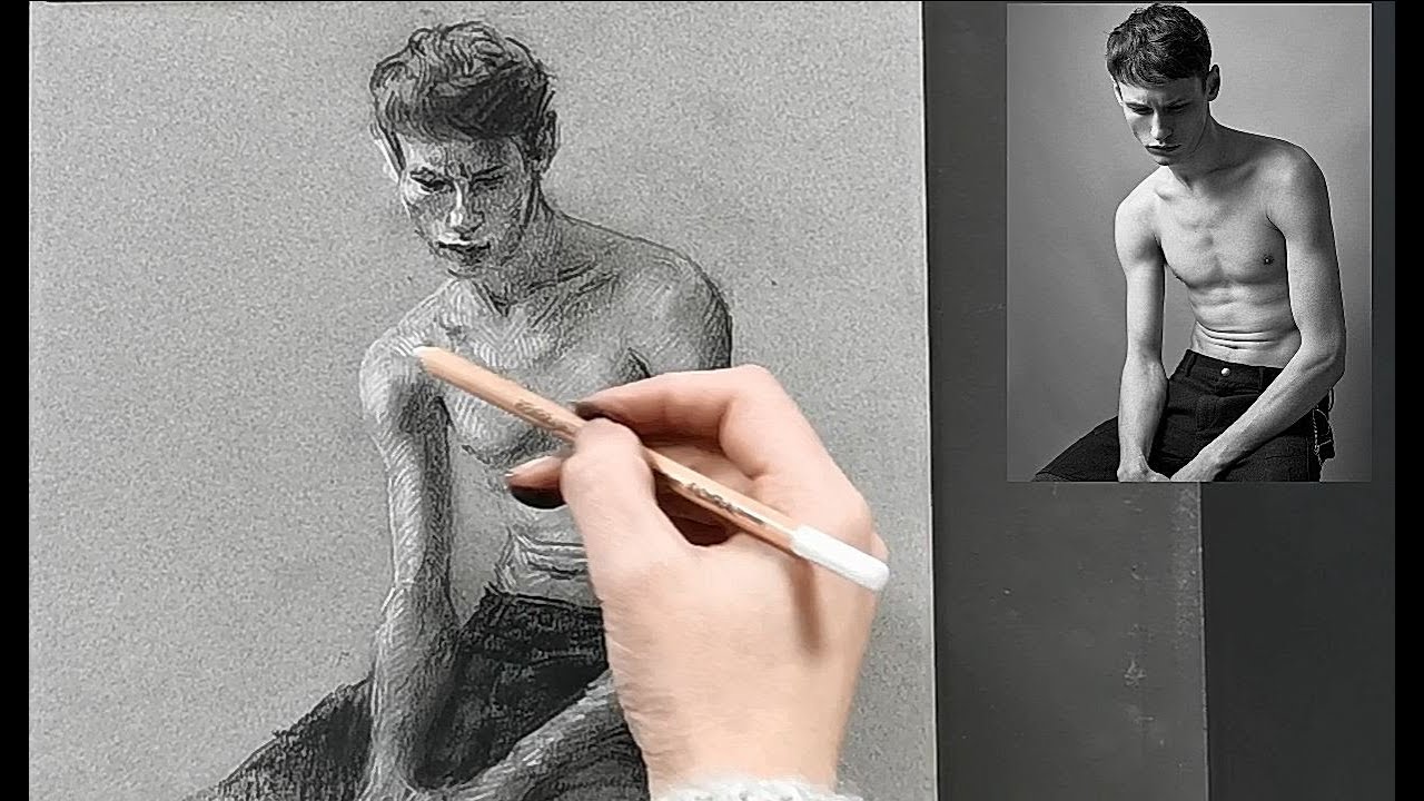 Cours de dessin multi technique : pierre noire et pastel sec blanc sur papier mi teinte.
