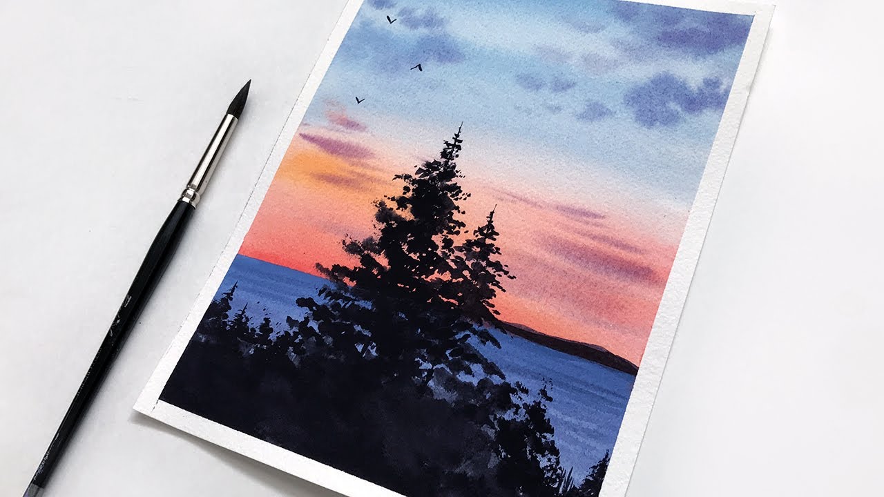 Watercolor Painting | Sunset & Trees | Watercolor Painting For Beginners