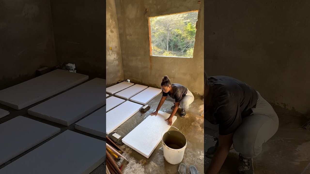 Colocando isopor pra diminuir os 7cent&iacute;metros piso do meu quarto #constru&ccedil;ao #isopor #diaadia #dica