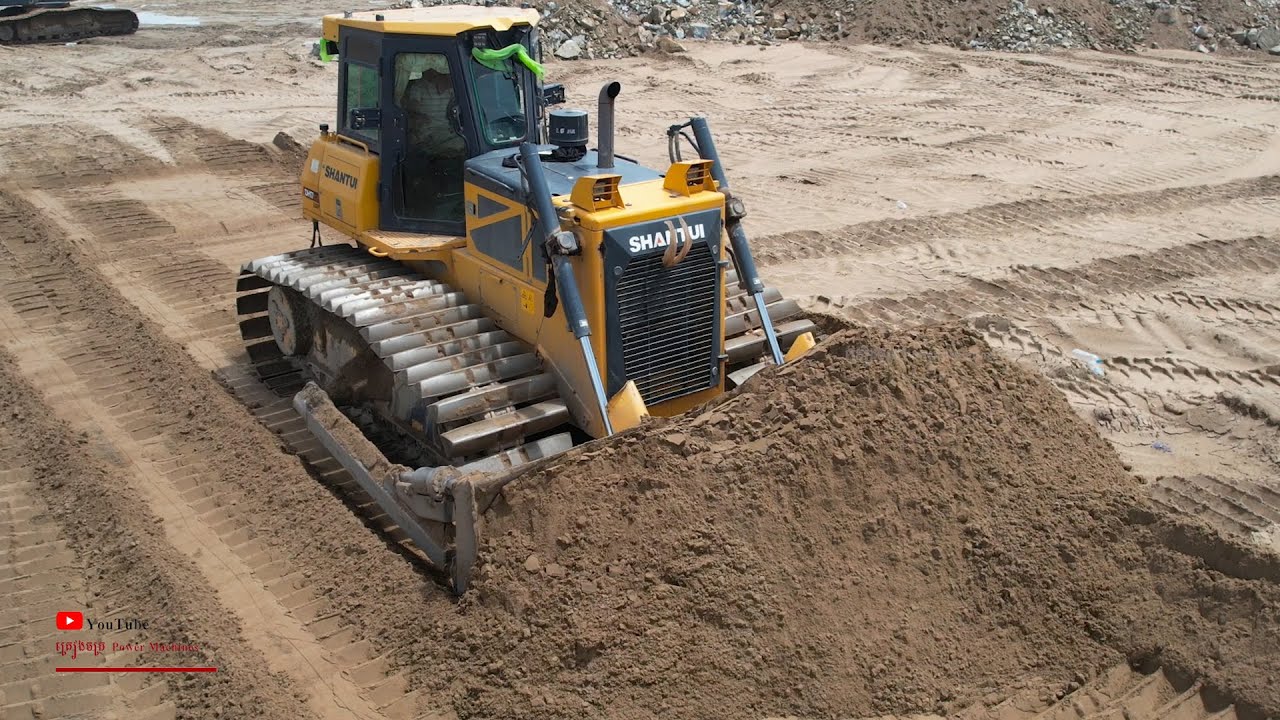 Huge Steam Bulldozer Pushing Dirt Extreme Machinery Activities Fast Working With Kobelco Excavator