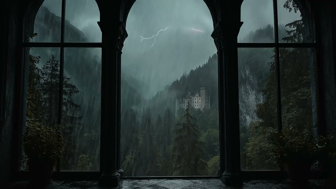 Castle Hall Window 4K: Rainy View with Calm Thunderstorm & Reading, Deep Sleep & Relaxation Ambience