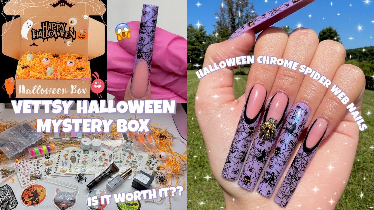 VETTSY HALLOWEEN MYSTERY BOX | UNBOXING & REVIEW | HALLOWEEN NAIL ART | PURPLE CHROME FRENCH TIPS